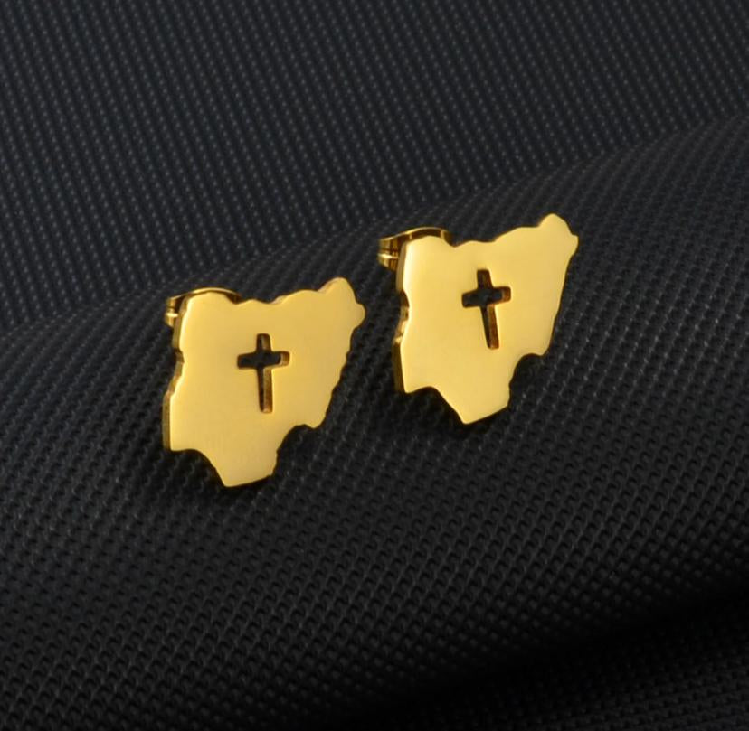 Nigeria Map Shaped Stud Earrings with Hollow Cross